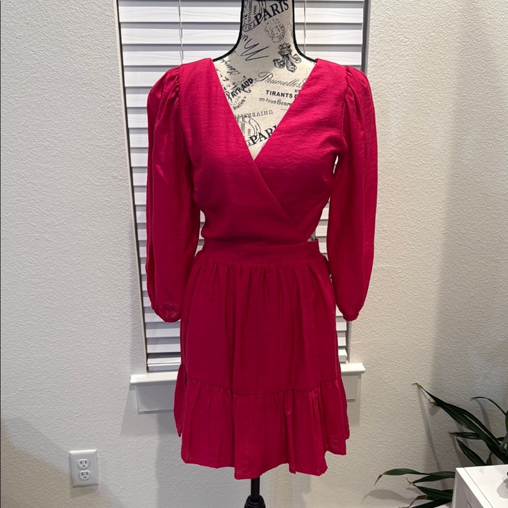 Express Pink Wrap Dress with Bishop Sleeves and V-Neck